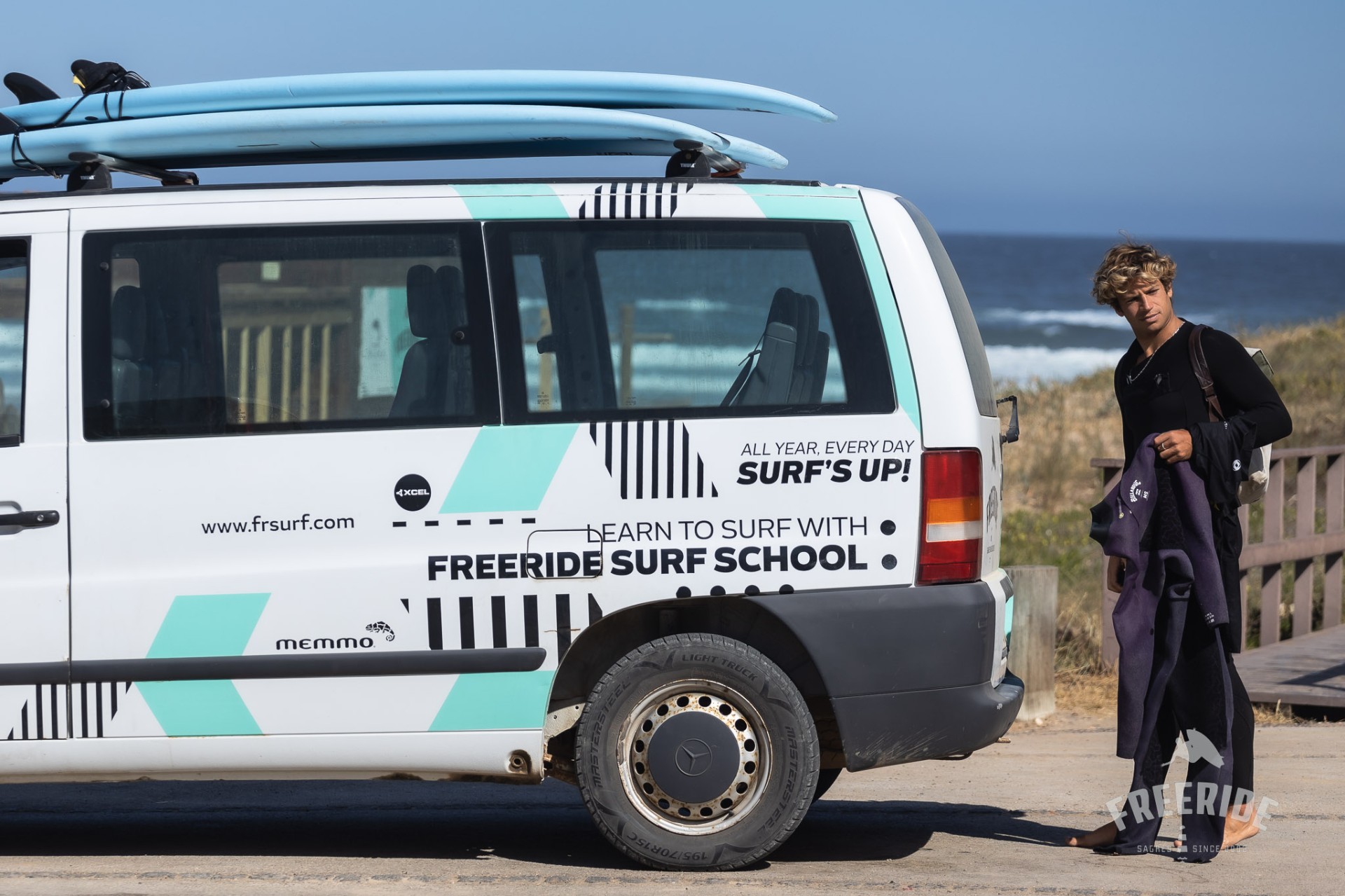 Summer surf session at Sagres with golden cliffs and blue sky